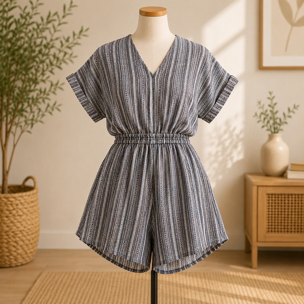NWT Cupshe Romper XL Black White Geometric Stripe V-Neck Belted Short Sleeve